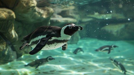 The African penguin is swimming underwater in the zoo