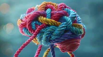 Mental Health Spectrum as a Tangled brain of diverse ropes twisted into a human thinking organ as a cognitive symbol for mind function or anxiety disorders or dementia and autism : Generative AI