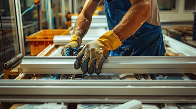 PVC industry worker making PVC frames for windows and doors