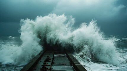 Fototapeta premium Storm at sea high waves crashing against the concrete breakwaters of the port with white splashes