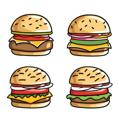 Four cartoon hamburgers various toppings, sesame seed buns, cheese, lettuce, tomato. Bright colors, simple lines, food illustration, isolated white background. Vector clipart different burger
