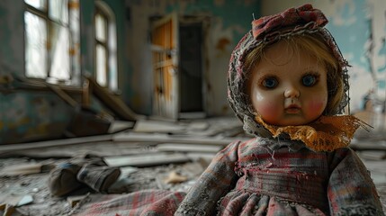 A doll in an abandoned kindergarten building after the explosion of the Pripyat reactor Chernobyl