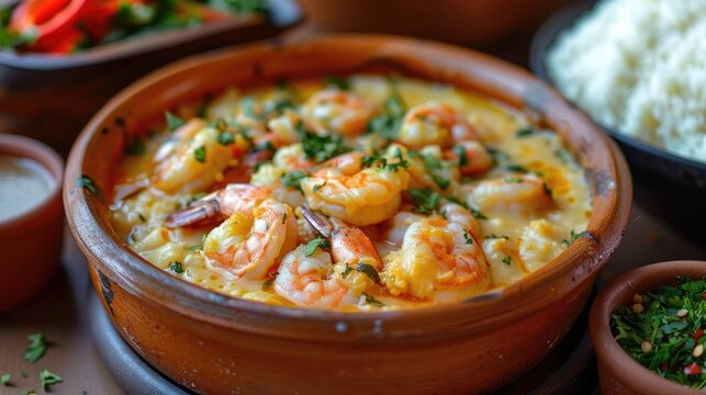 Shrimp bobo a Brazilian dish of shrimp in a pure of manioc meal and coconut milk It is served with farofa on palm oil and rice There are small pots around the plate with the chopped ingredients