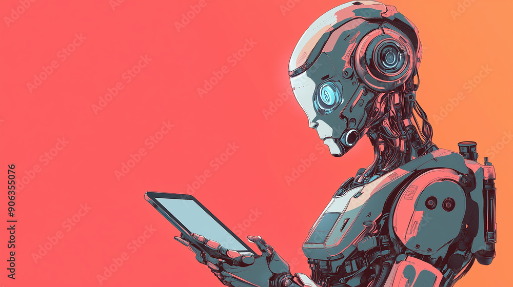 Poster a robot is holding a tablet in its hand. the robot is wearing a blue helmet and has a red background