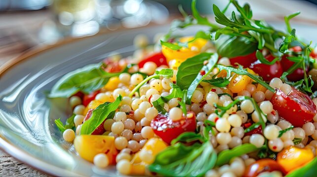 salad from Sardinian fregula pasta on the table