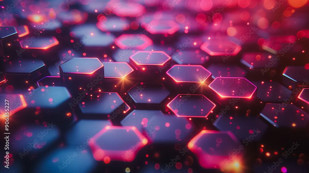 Poster a close up of a pattern of hexagons with a red glow