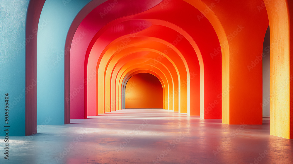 Poster a long, colorful tunnel with orange and blue walls. the tunnel is empty and he is a part of a buildi