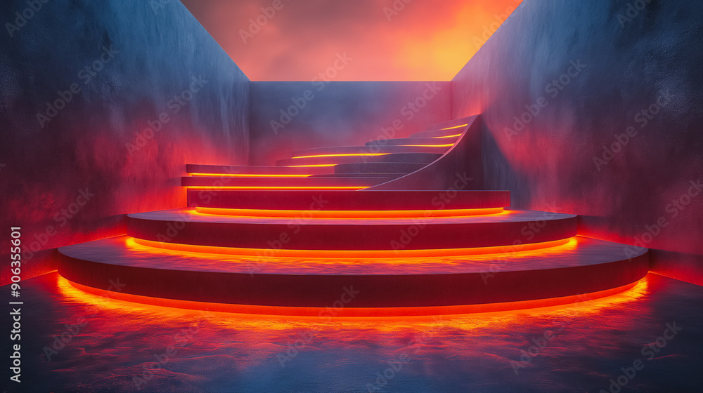 Poster a staircase with red steps lit up with neon lights. the staircase is in a dark room with a red and o