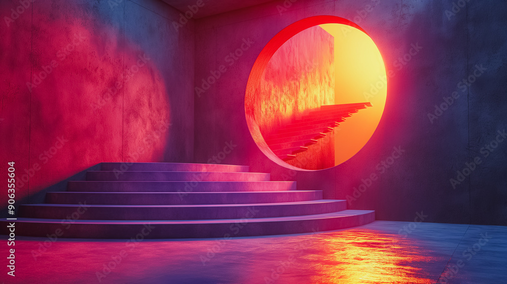 Aufkleber a room with a red wall and a red circle in the middle. the circle is lit up and it looks like a ligh