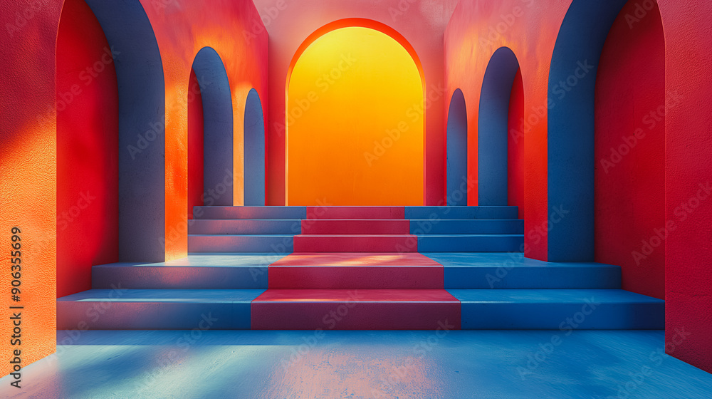 Poster a red and blue archway with a blue and red staircase leading up to it. the archway is lit by the sun