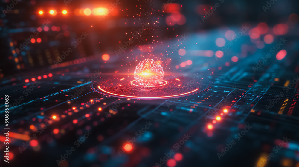 Poster a glowing red sphere is on a computer screen