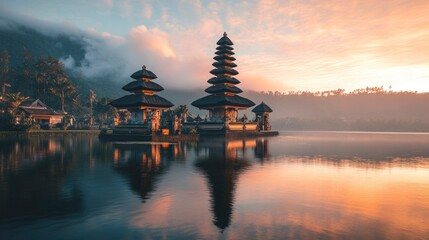 Serene Reflection of a Balinese Temple at Sunset