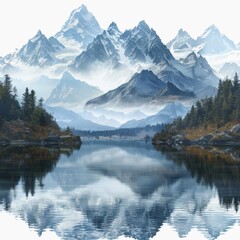 Fototapeta premium Spectacular Mountain Range and Expansive Water Body Isolated on a Transparent Background, Capturing the Essence of Natural Beauty and Serenity.