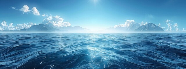 Open Ocean: A vast expanse of deep blue water with rolling waves, stretching towards a clear blue sky with wispy clouds.