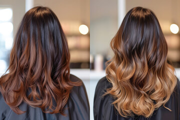 Fototapeta premium A brunette woman at a hairdressing salon, showcasing her curly hair before and after dyeing, highlighting the transformation
