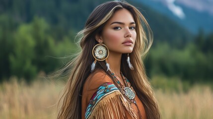 Beautiful native American woman wearing dreamcatcher earrings and necklaces is standing in a meadow near forest mountains.