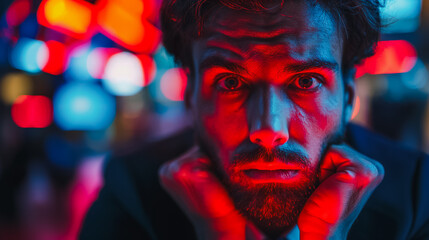 Fototapeta premium A man with a beard and a red shirt is looking at the camera