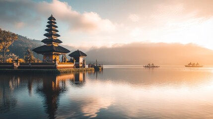 Obraz premium Ulun Danu Beratan Temple on a Calm Lake at Sunrise