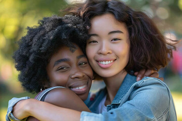 Obraz premium Happy multicultural friends hugging each other in the park