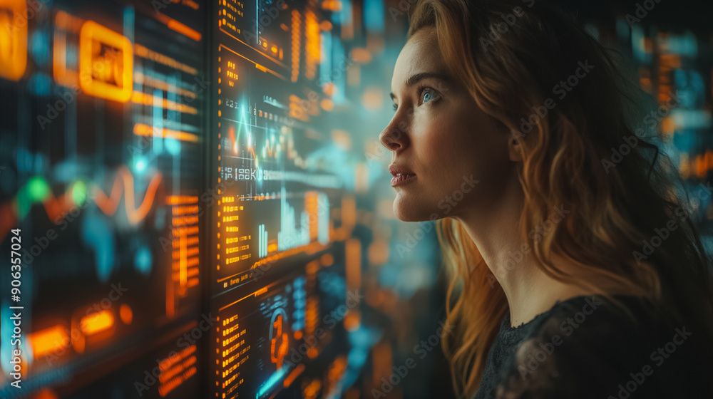 Poster a woman is looking at a computer screen with a lot of numbers and graphs