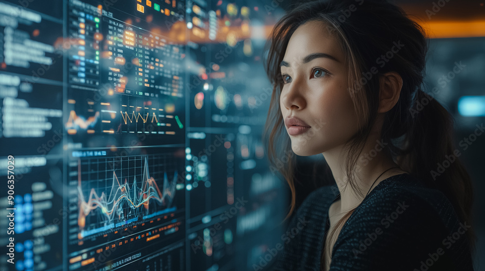 Poster a woman is looking at a computer screen with many numbers and graphs