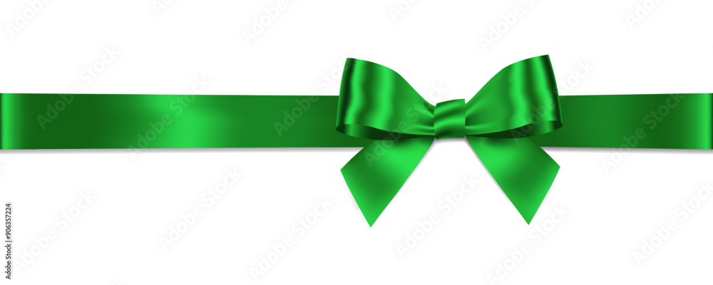 Poster green bow and ribbon horizontal realistic shiny satin with shadow horizontal ribbon for decorate you