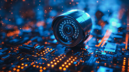 A camera lens is on a circuit board with a blue background. The camera lens is surrounded by a lot of lights, giving the impression of a futuristic or sci-fi setting