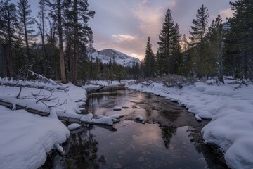 Snow-covered landscape with river and trees at sunset