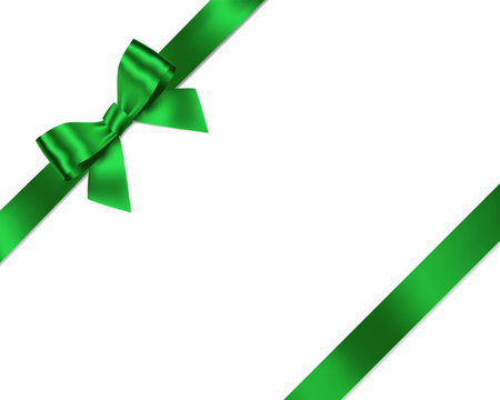 Green Ribbon Bow Realistic shiny satin with shadow place on corner of paper for decorate your Christmas card ,greeting card , certificate or gift boxes vector EPS10 isolated on transparent background.