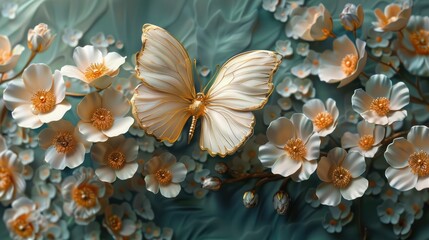 Abstract Flowers, 3D floral illustration with leaves and butterflies on a marble texture background, 