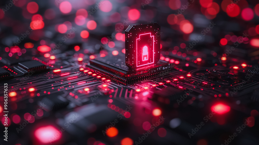Aufkleber a computer chip with a red lock on it. the chip is surrounded by a black background. concept of secu