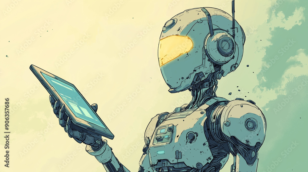 Poster a robot is holding a tablet in its hand. the robot is wearing a blue helmet and has a red background