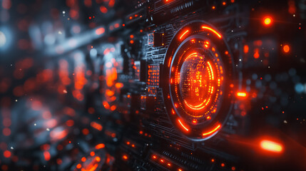 A computer monitor with a glowing red circle on it. The image is a close up of the glowing circle, with the rest of the monitor in the background. Scene is futuristic and technological