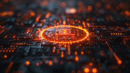 A computer chip is glowing orange in a black background. The chip is surrounded by a circle of glowing lights