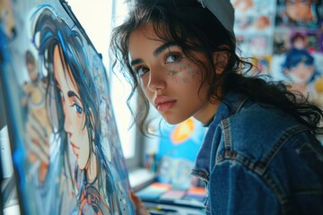 Young woman designing anime characters for a video game on a graphics tablet, detailed sketches and screens