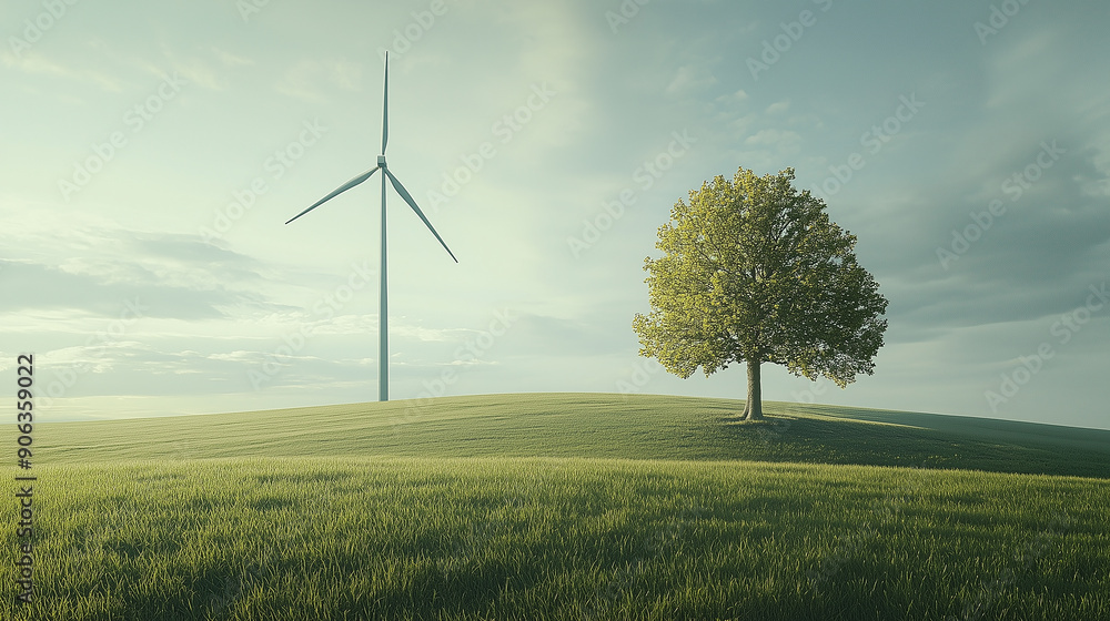 Poster a wind turbine is in the foreground of a field with a tree in the background. the scene is peaceful 