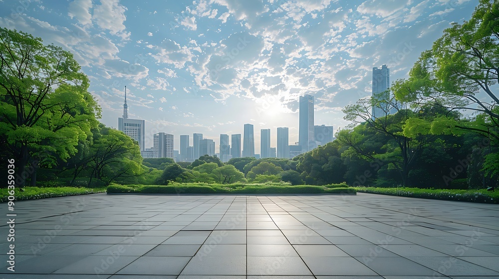 Aufkleber empty square floor and green forest with city skyline scenery : generative ai