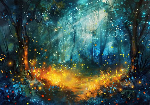 A fantasy forest landscape with glowing, magical elements like fireflies and fairy lights. 
