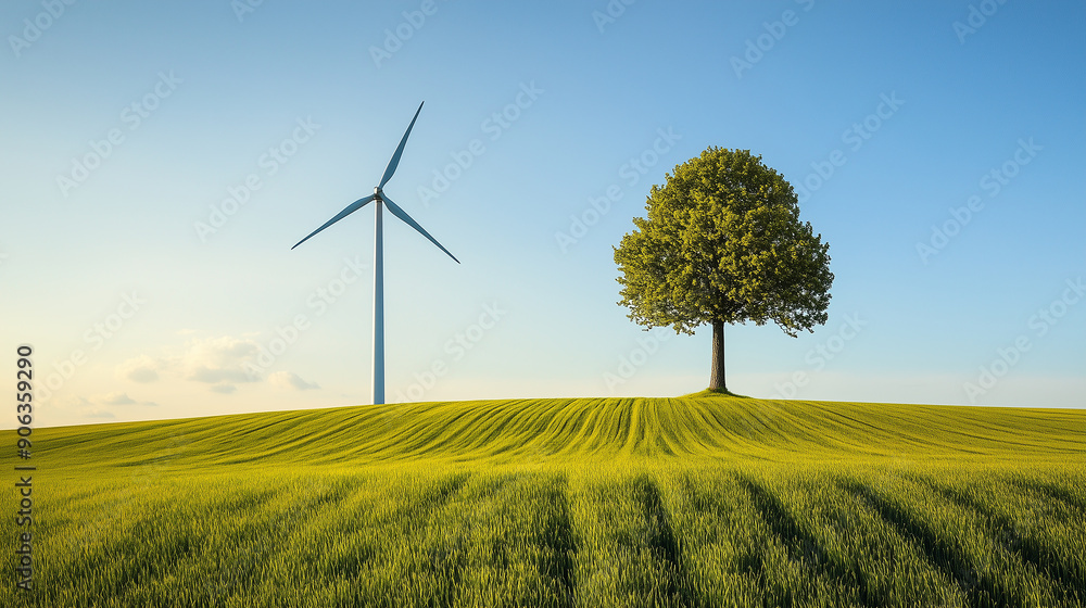 Poster a wind turbine is in the foreground of a field with a tree in the background. the scene is peaceful 