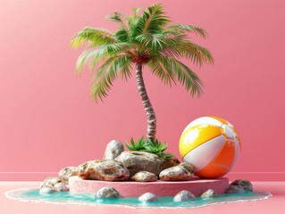 Obraz premium Palm Tree, Beach Ball and Pink Background