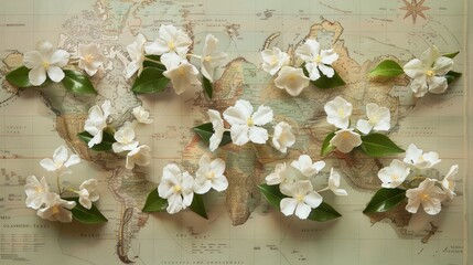 A collection of jasmine flowers from around the globe, each placed on a map indicating their origin.