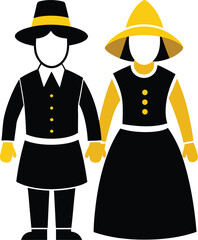 Pilgrim Couple Silhouette Man and Woman Vector Illustration Art