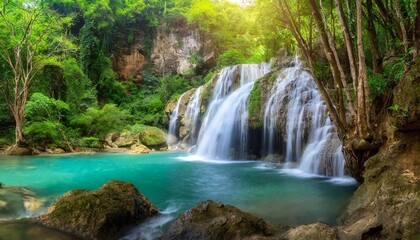Naklejka premium Panoramic beautiful deep forest waterfall in Thailand