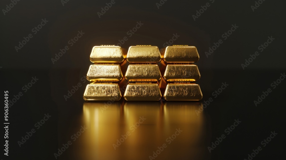 Poster a stack of gold bars with a reflection below, leaving space in the center for a text field.