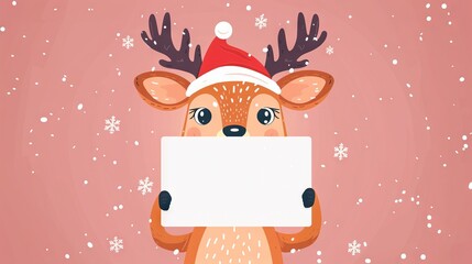 Cute Christmas deer holding empty white card in snowy winter scenery. Concept of holiday greetings, festive season, Christmas. Cartoon illustration. Greeting card, postcard, mockup with copy space