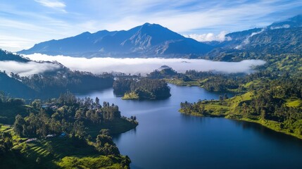 A Scenic View of a Lake Surrounded by Lush Green Mountains and Clouds