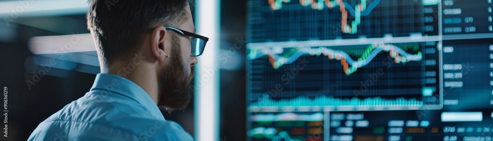 Poster a financial analyst in a formal setting points to a digital chart on a large screen showing erratic 