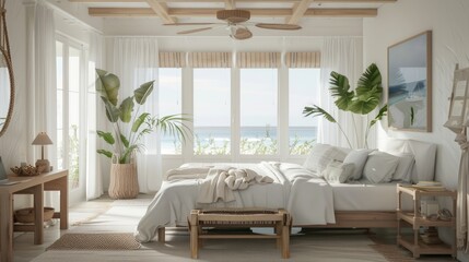 Fototapeta premium Coastal bedroom with light, airy furniture, beach-inspired decor, and a relaxing atmosphere. Room for text in the background.