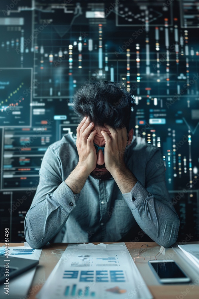 Poster a stressed investor surrounded by documents and financial reports, with a prominent display of a cry