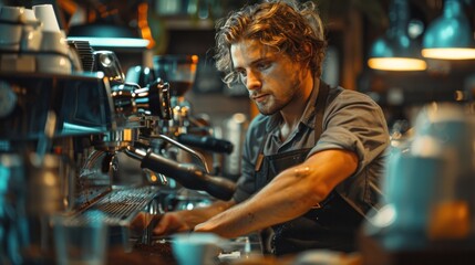 Naklejka premium A barista cleaning the espresso machine, emphasizing the maintenance and care involved.